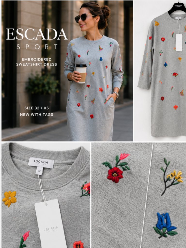 Escada Sport Embroidered Sweatshirt Dress Floral Appliqu Grey Luxury Knit Eu 32